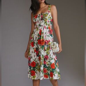 Anthropologie Floral A-Line Midi Dress Size 12 Pockets Smocked Stretch Bodice
